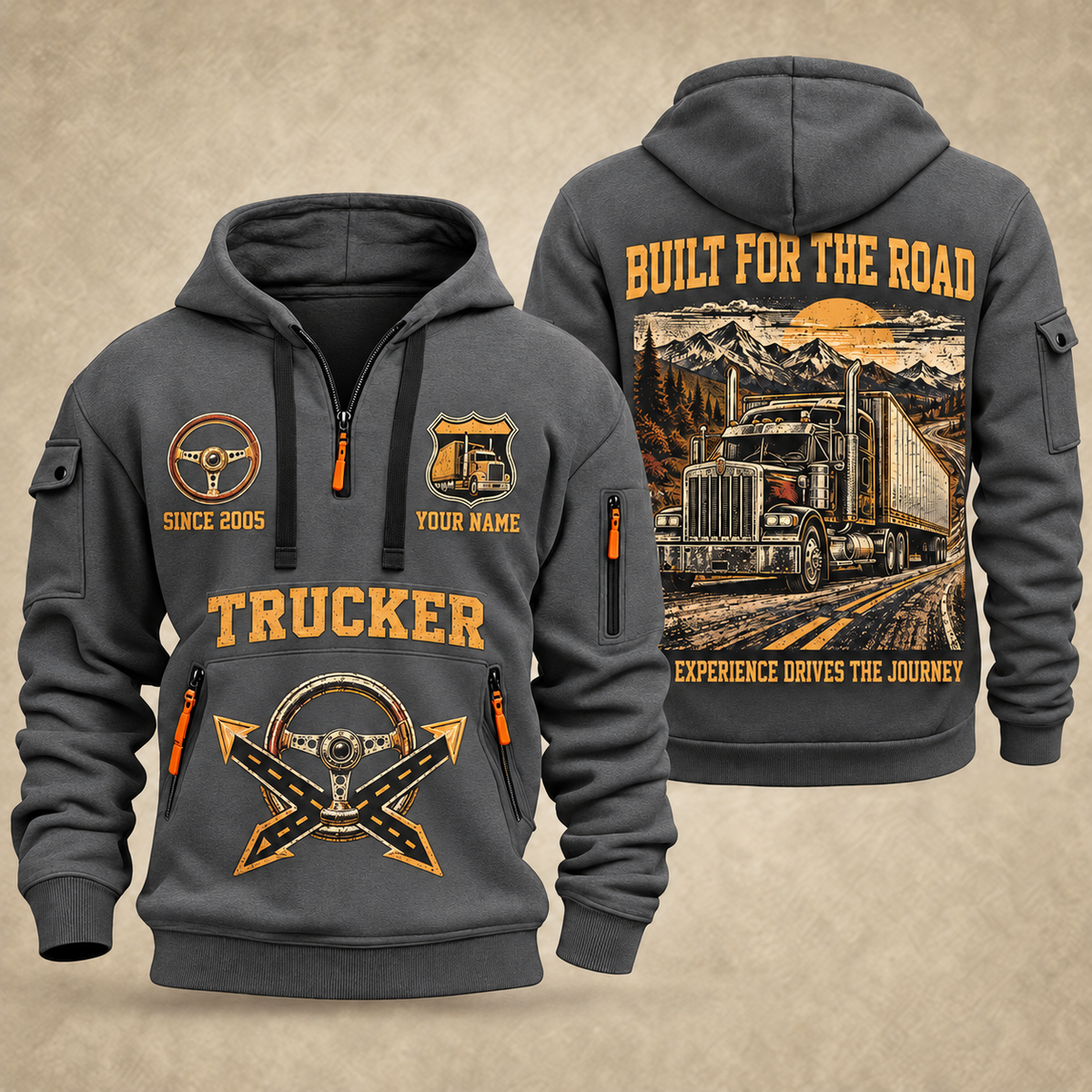 Trucker Built for the Road quarter-zip hoodie in Gray, front and back, YOUR NAME and SINCE 2005 artwork
