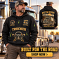 Trucker wearing Built for the Road quarter-zip hoodie in their workplace; product introduction and shopping call to action
