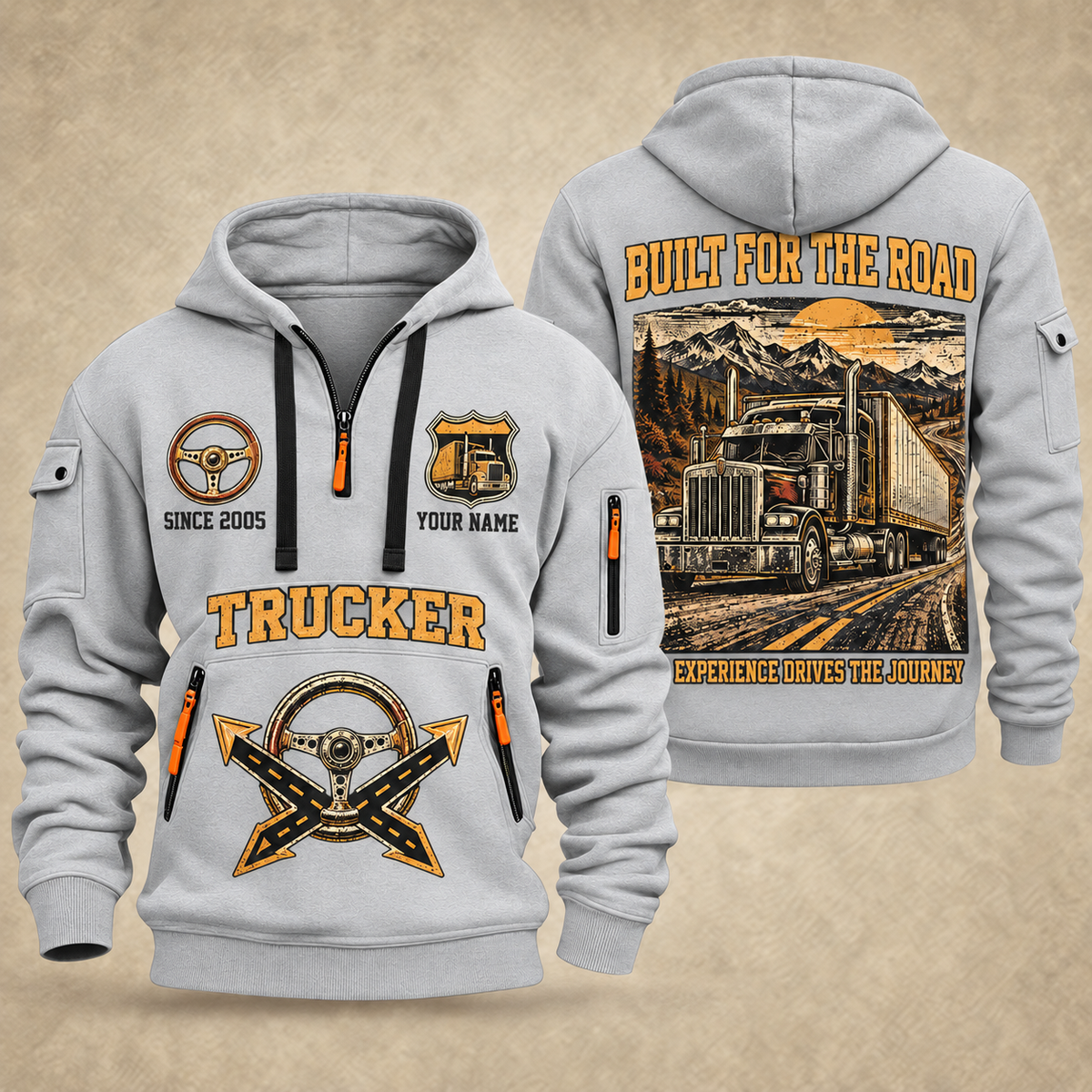 Trucker Built for the Road quarter-zip hoodie in Light Grey, front and back, YOUR NAME and SINCE 2005 artwork