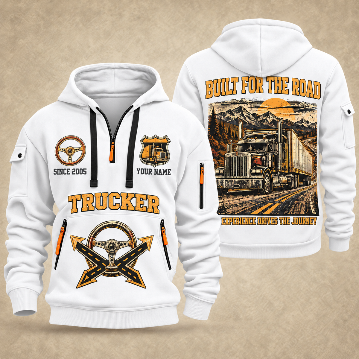 Trucker Built for the Road quarter-zip hoodie in White, front and back, YOUR NAME and SINCE 2005 artwork