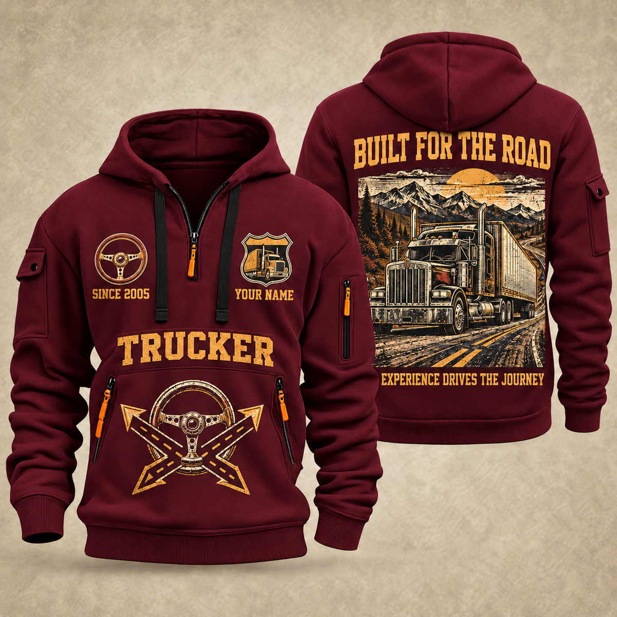 Trucker Built for the Road quarter-zip hoodie in Wine Red, front and back, YOUR NAME and SINCE 2005 artwork