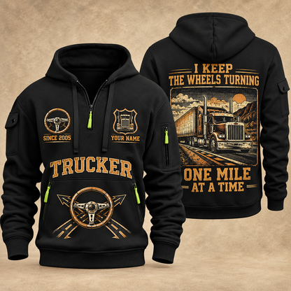 Trucker Keep the Wheels Turning quarter-zip hoodie in Black, front and back, YOUR NAME and SINCE 2005 artwork