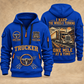 Trucker Keep the Wheels Turning quarter-zip hoodie in Blue, front and back, YOUR NAME and SINCE 2005 artwork