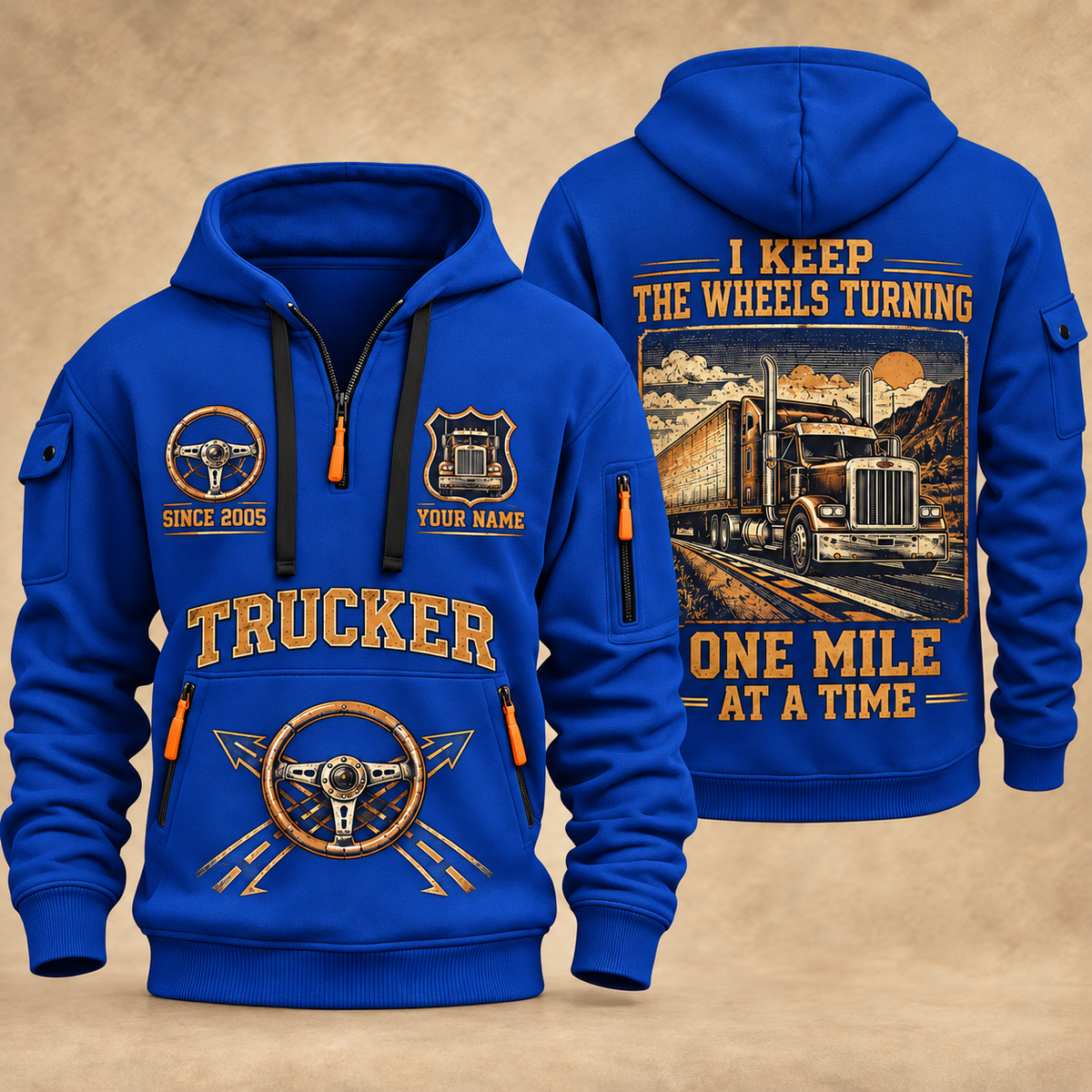 Trucker Keep the Wheels Turning quarter-zip hoodie in Blue, front and back, YOUR NAME and SINCE 2005 artwork