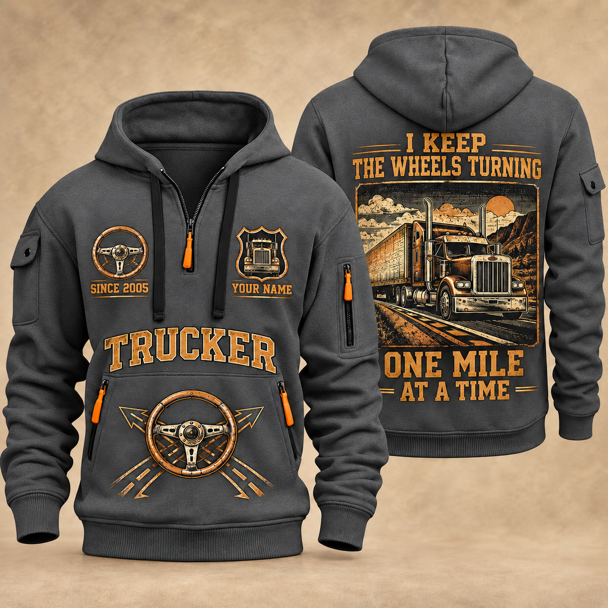 Trucker Keep the Wheels Turning quarter-zip hoodie in Gray, front and back, YOUR NAME and SINCE 2005 artwork