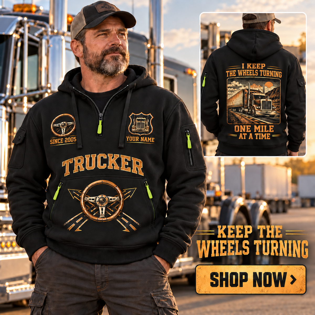 Trucker wearing Keep the Wheels Turning quarter-zip hoodie in their workplace; product introduction and shopping call to action