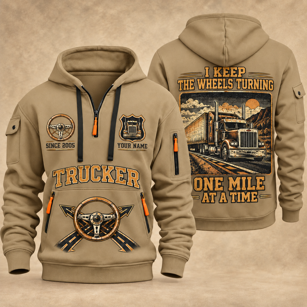 Trucker Keep the Wheels Turning quarter-zip hoodie in Khaki, front and back, YOUR NAME and SINCE 2005 artwork