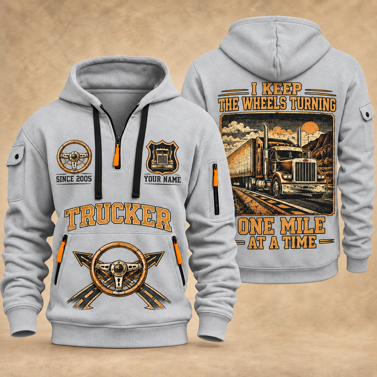 Trucker Keep the Wheels Turning quarter-zip hoodie in Light Grey, front and back, YOUR NAME and SINCE 2005 artwork
