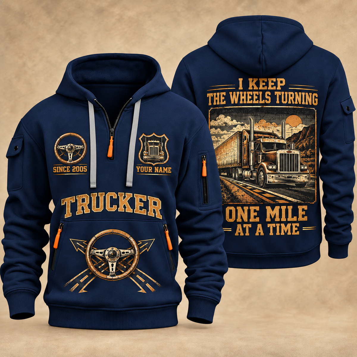 Trucker Keep the Wheels Turning quarter-zip hoodie in Navy, front and back, YOUR NAME and SINCE 2005 artwork