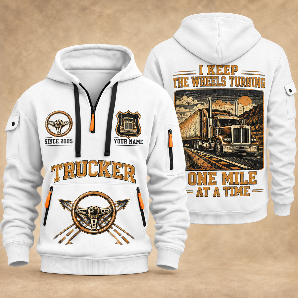 Trucker Keep the Wheels Turning quarter-zip hoodie in White, front and back, YOUR NAME and SINCE 2005 artwork