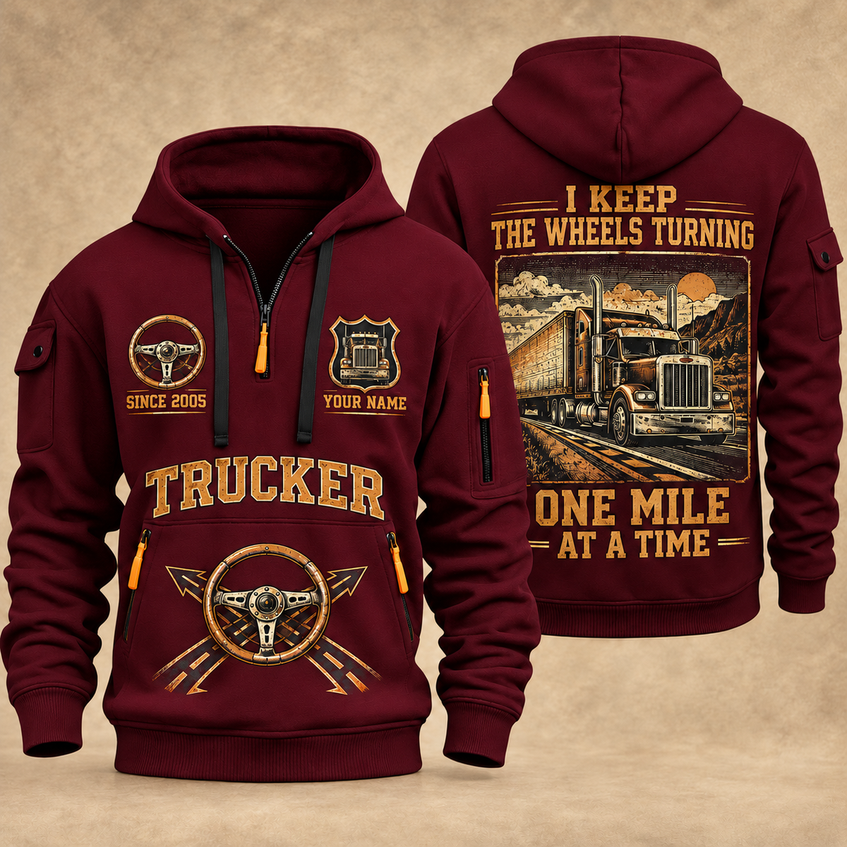 Trucker Keep the Wheels Turning quarter-zip hoodie in Wine Red, front and back, YOUR NAME and SINCE 2005 artwork