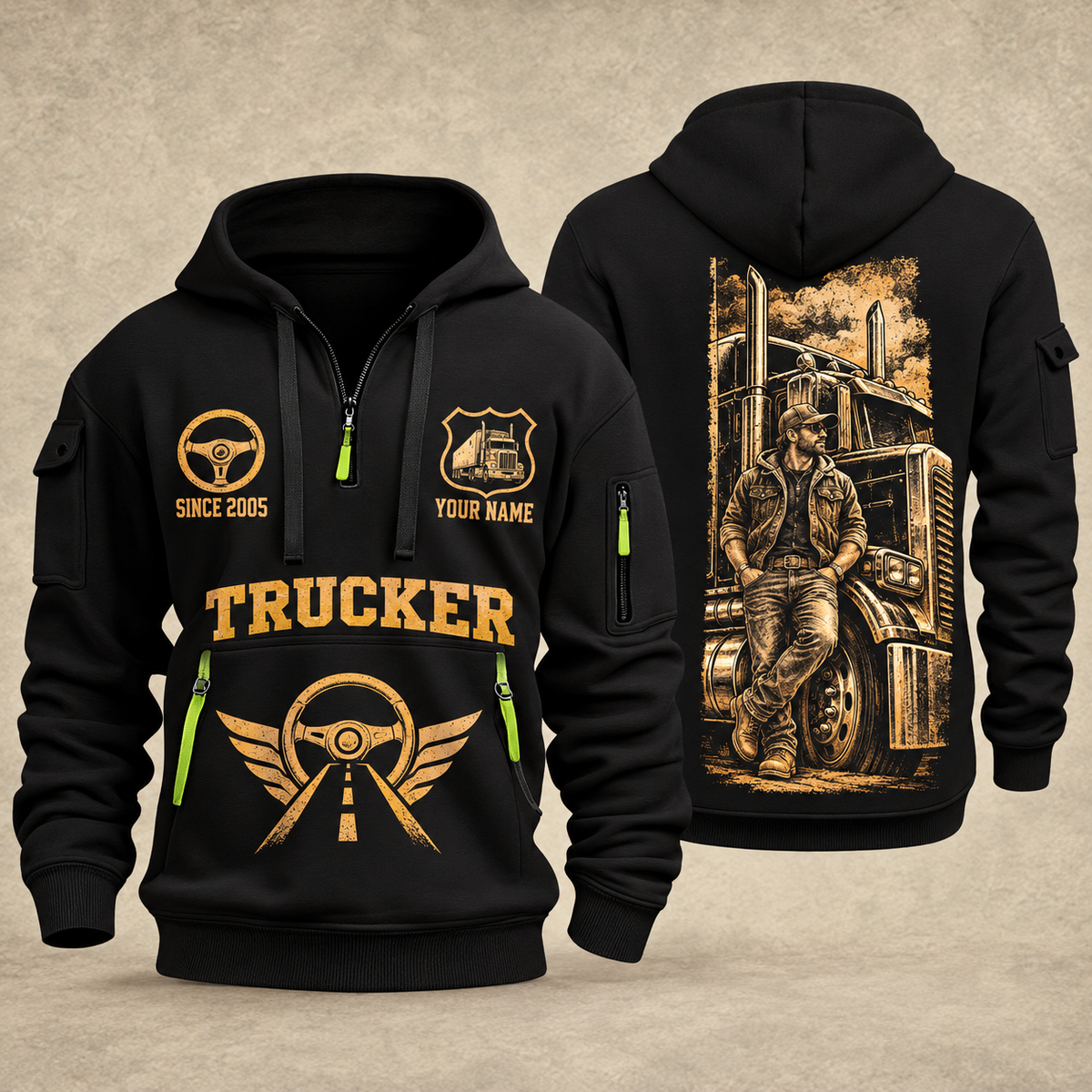 Trucker Golden Highway quarter-zip hoodie in Black, front and back, YOUR NAME and SINCE 2005 artwork
