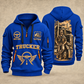 Trucker Golden Highway quarter-zip hoodie in Blue, front and back, YOUR NAME and SINCE 2005 artwork