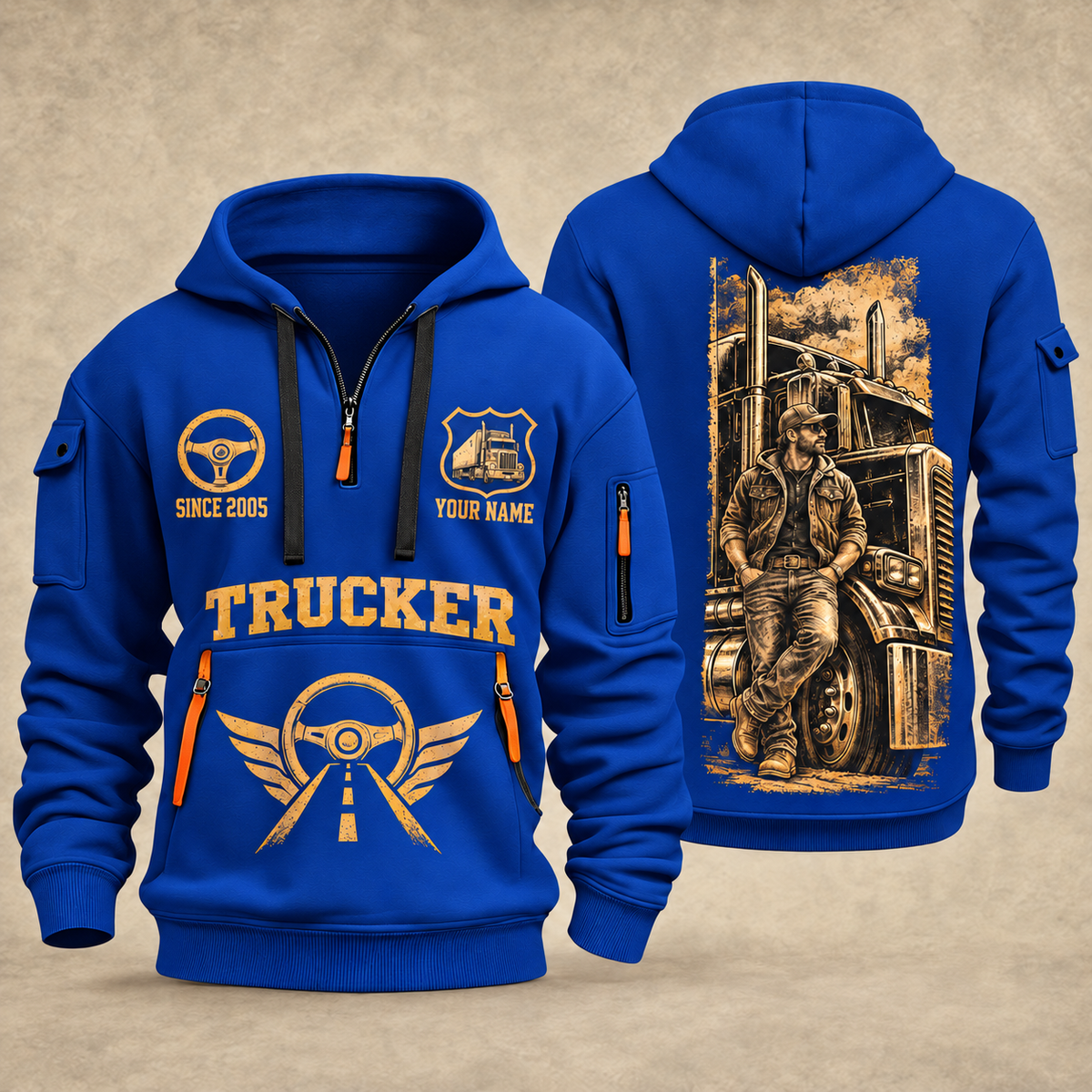 Trucker Golden Highway quarter-zip hoodie in Blue, front and back, YOUR NAME and SINCE 2005 artwork