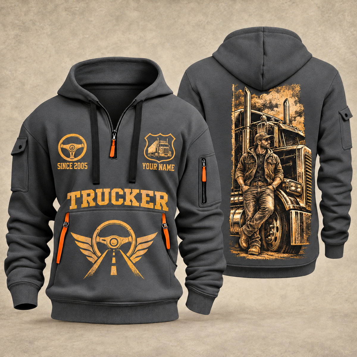 Trucker Golden Highway quarter-zip hoodie in Gray, front and back, YOUR NAME and SINCE 2005 artwork