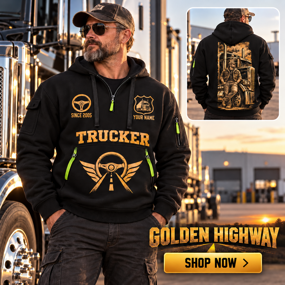 Trucker wearing Golden Highway quarter-zip hoodie in their workplace; product introduction and shopping call to action