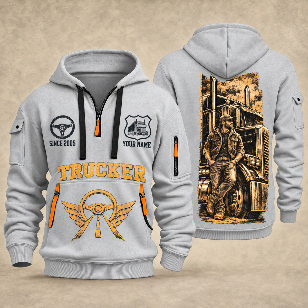 Trucker Golden Highway quarter-zip hoodie in Light Grey, front and back, YOUR NAME and SINCE 2005 artwork
