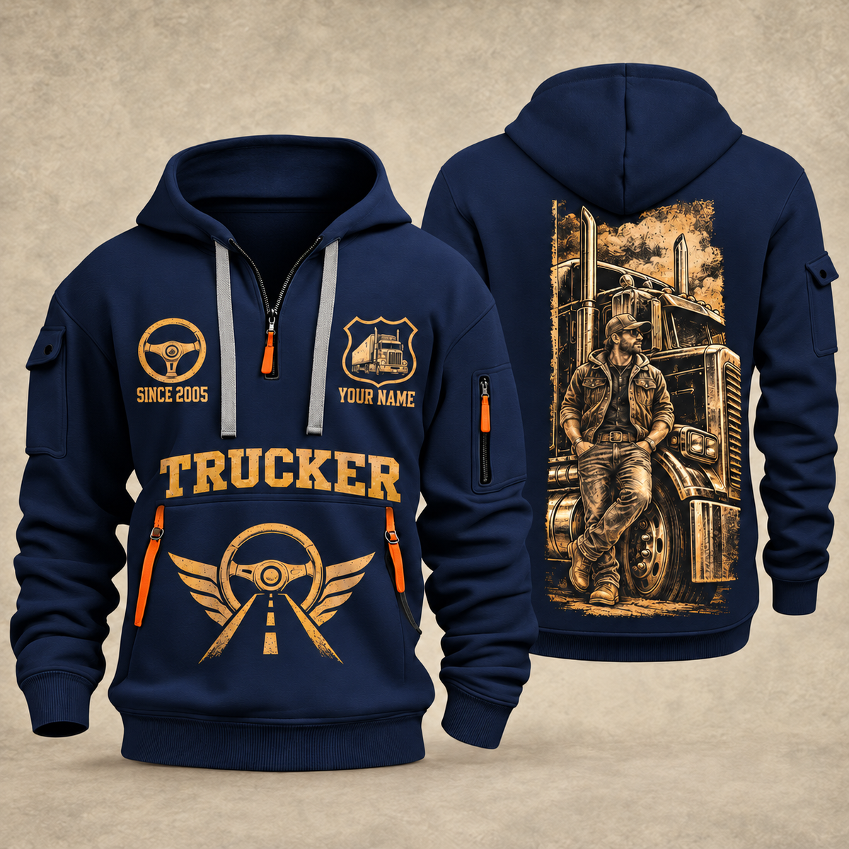 Trucker Golden Highway quarter-zip hoodie in Navy, front and back, YOUR NAME and SINCE 2005 artwork