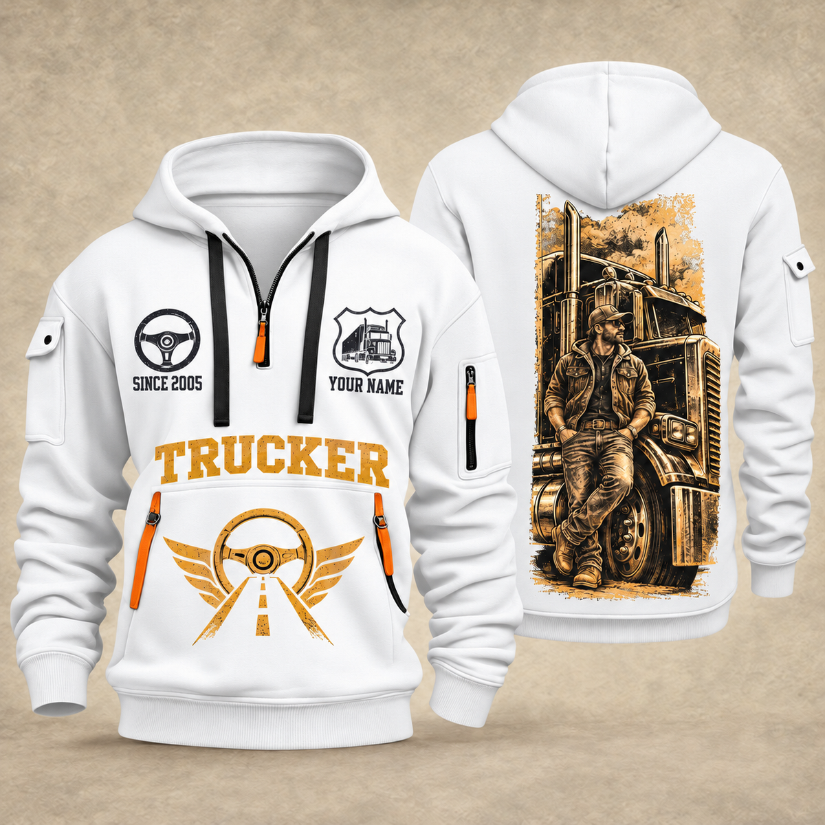 Trucker Golden Highway quarter-zip hoodie in White, front and back, YOUR NAME and SINCE 2005 artwork
