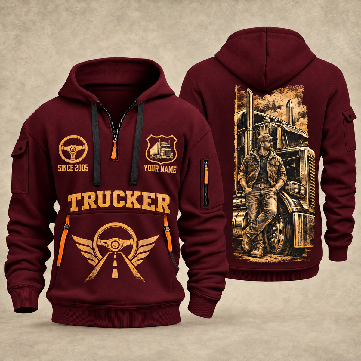 Trucker Golden Highway quarter-zip hoodie in Wine Red, front and back, YOUR NAME and SINCE 2005 artwork