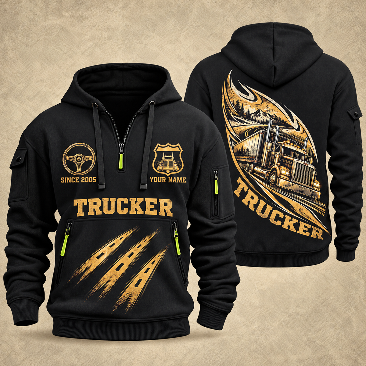Trucker Highway in Motion quarter-zip hoodie in Black, front and back, YOUR NAME and SINCE 2005 artwork