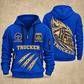 Trucker Highway in Motion quarter-zip hoodie in Blue, front and back, YOUR NAME and SINCE 2005 artwork