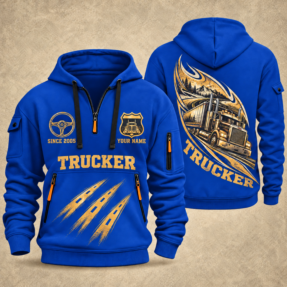 Trucker Highway in Motion quarter-zip hoodie in Blue, front and back, YOUR NAME and SINCE 2005 artwork