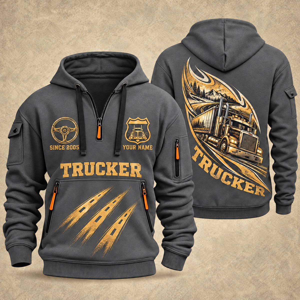 Trucker Highway in Motion quarter-zip hoodie in Gray, front and back, YOUR NAME and SINCE 2005 artwork