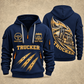 Trucker Highway in Motion quarter-zip hoodie in Navy, front and back, YOUR NAME and SINCE 2005 artwork