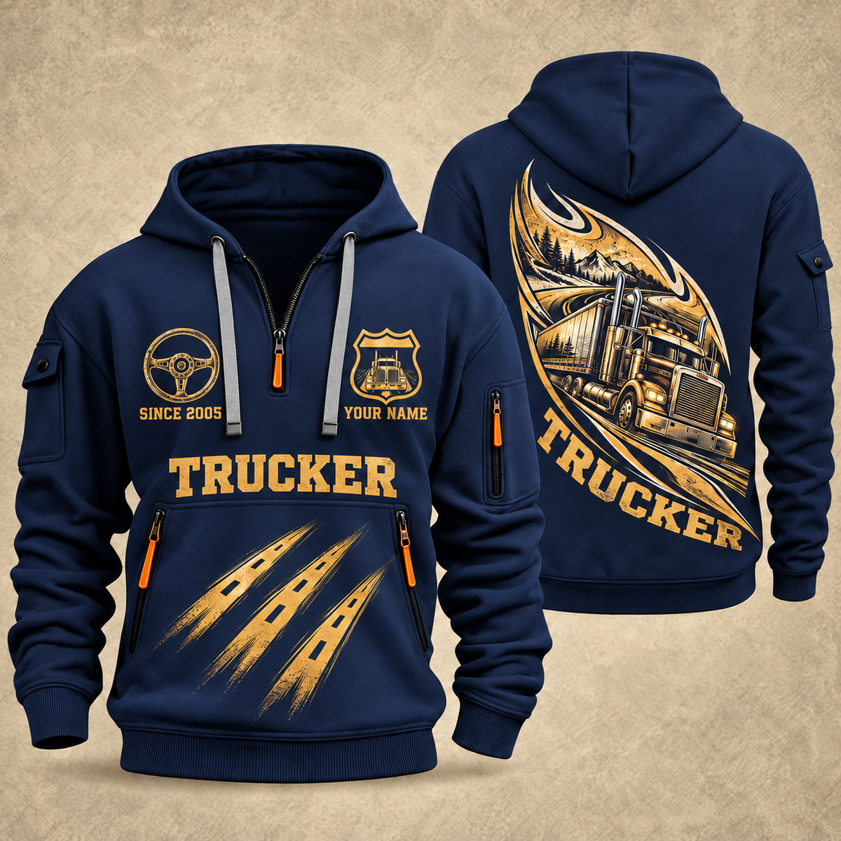 Trucker Highway in Motion quarter-zip hoodie in Navy, front and back, YOUR NAME and SINCE 2005 artwork