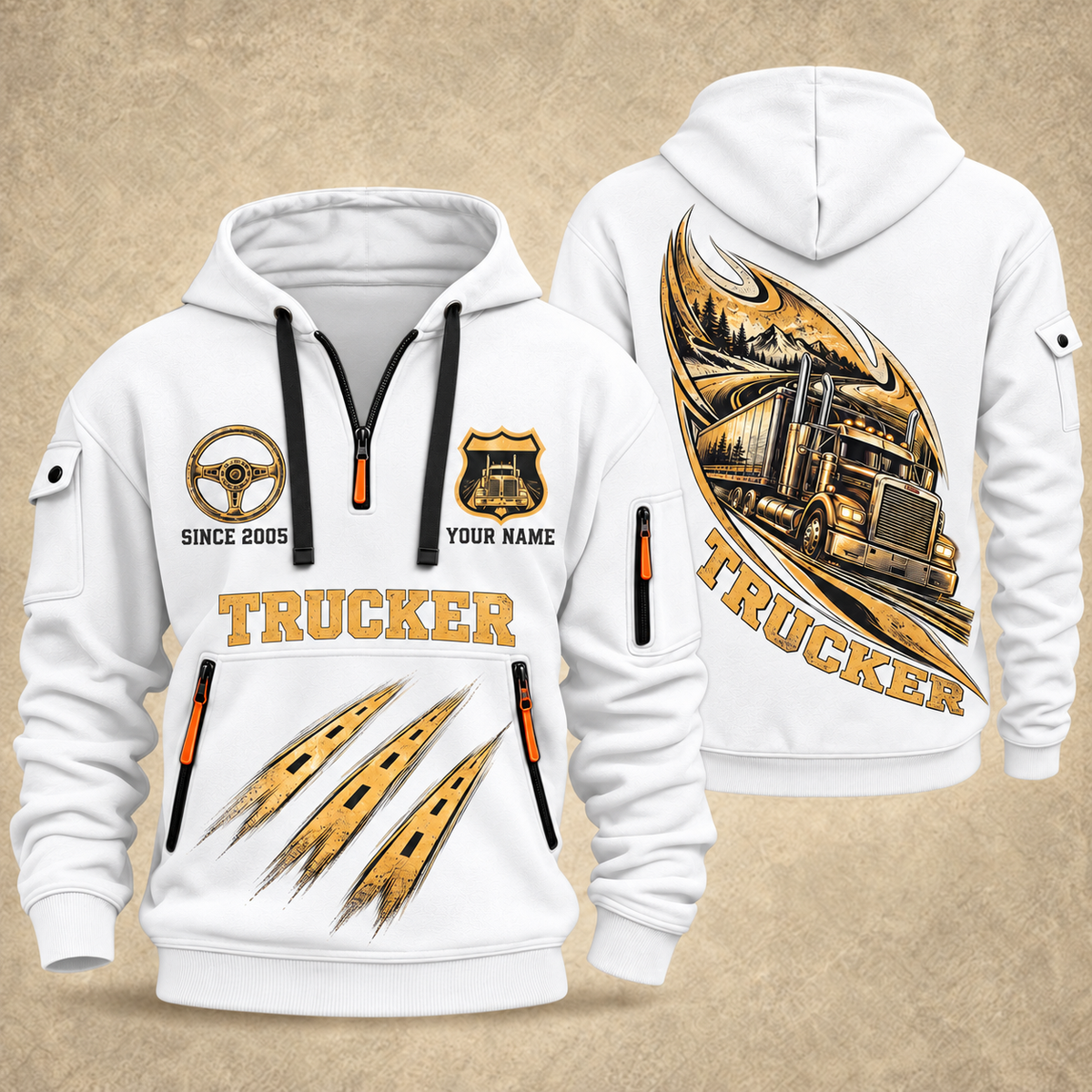 Trucker Highway in Motion quarter-zip hoodie in White, front and back, YOUR NAME and SINCE 2005 artwork