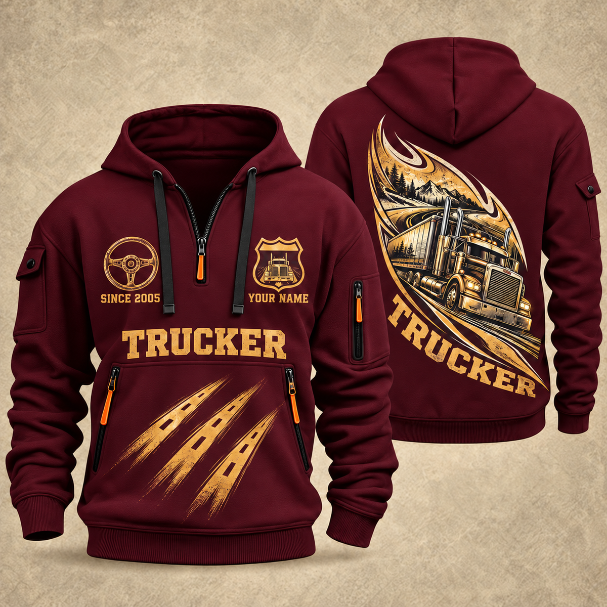 Trucker Highway in Motion quarter-zip hoodie in Wine Red, front and back, YOUR NAME and SINCE 2005 artwork