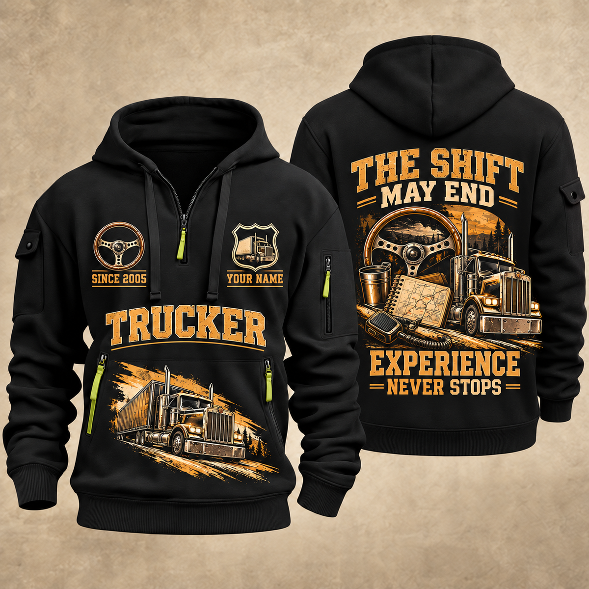 Trucker Miles Never Stop quarter-zip hoodie in Black, front and back, YOUR NAME and SINCE 2005 artwork