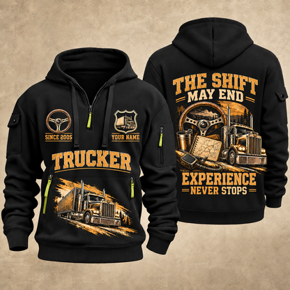 Trucker Miles Never Stop quarter-zip hoodie in Black, front and back, YOUR NAME and SINCE 2005 artwork