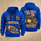 Trucker Miles Never Stop quarter-zip hoodie in Blue, front and back, YOUR NAME and SINCE 2005 artwork