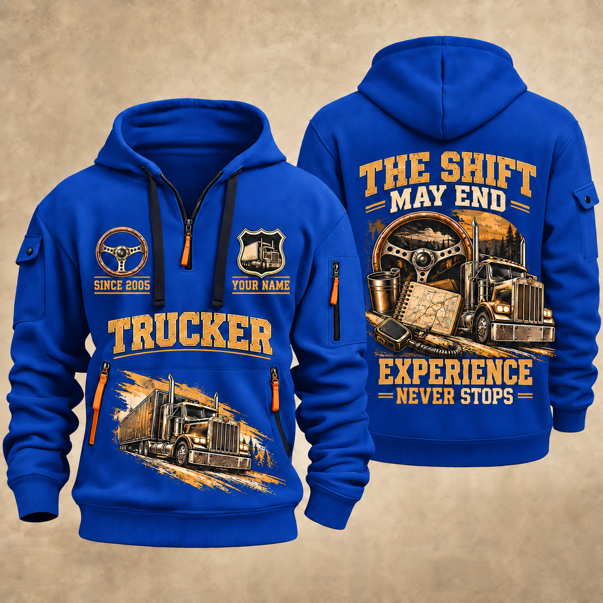 Trucker Miles Never Stop quarter-zip hoodie in Blue, front and back, YOUR NAME and SINCE 2005 artwork
