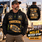 Trucker wearing Miles Never Stop quarter-zip hoodie in their workplace; product introduction and shopping call to action