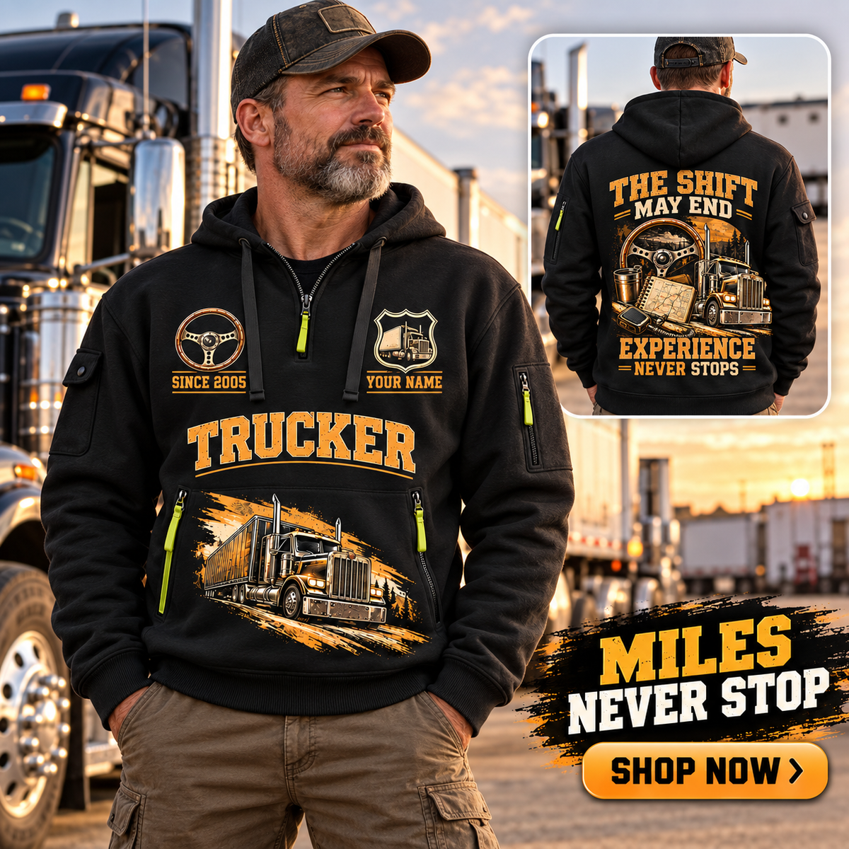 Trucker wearing Miles Never Stop quarter-zip hoodie in their workplace; product introduction and shopping call to action