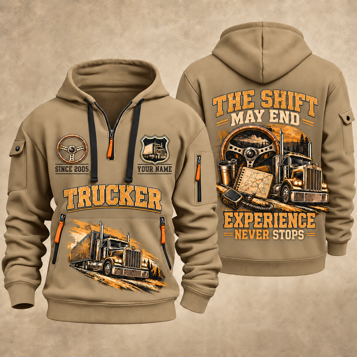 Trucker Miles Never Stop quarter-zip hoodie in Khaki, front and back, YOUR NAME and SINCE 2005 artwork