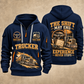 Trucker Miles Never Stop quarter-zip hoodie in Navy, front and back, YOUR NAME and SINCE 2005 artwork
