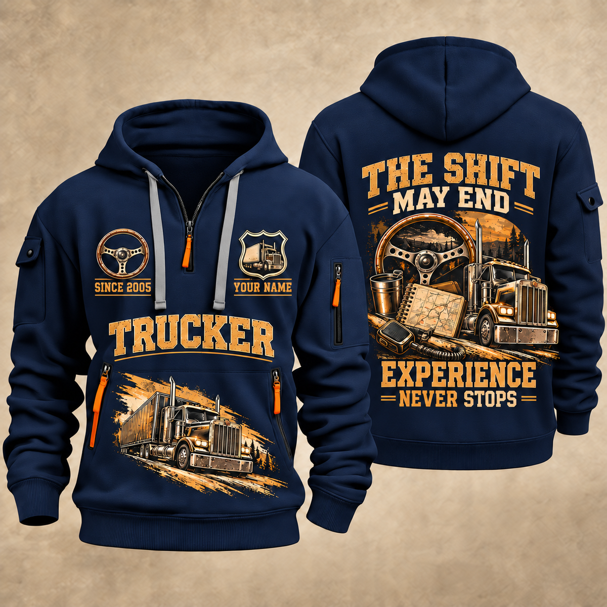 Trucker Miles Never Stop quarter-zip hoodie in Navy, front and back, YOUR NAME and SINCE 2005 artwork