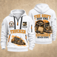 Trucker Miles Never Stop quarter-zip hoodie in White, front and back, YOUR NAME and SINCE 2005 artwork