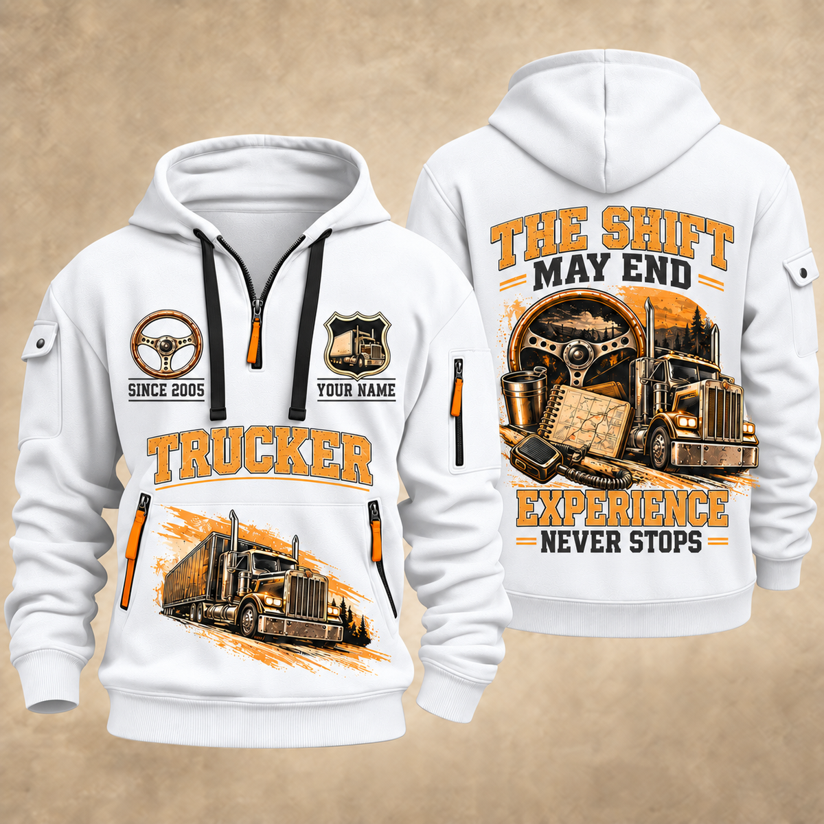 Trucker Miles Never Stop quarter-zip hoodie in White, front and back, YOUR NAME and SINCE 2005 artwork