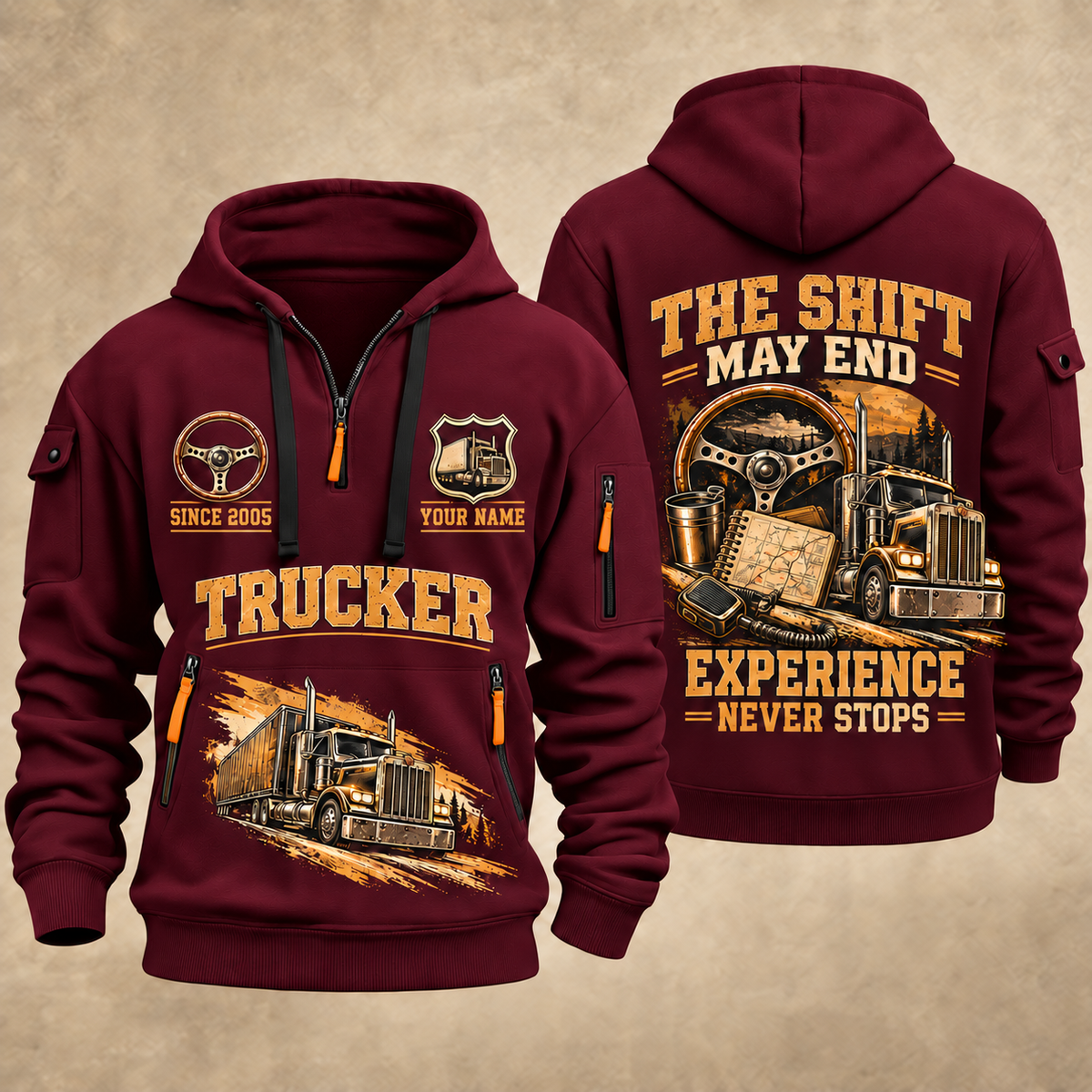 Trucker Miles Never Stop quarter-zip hoodie in Wine Red, front and back, YOUR NAME and SINCE 2005 artwork