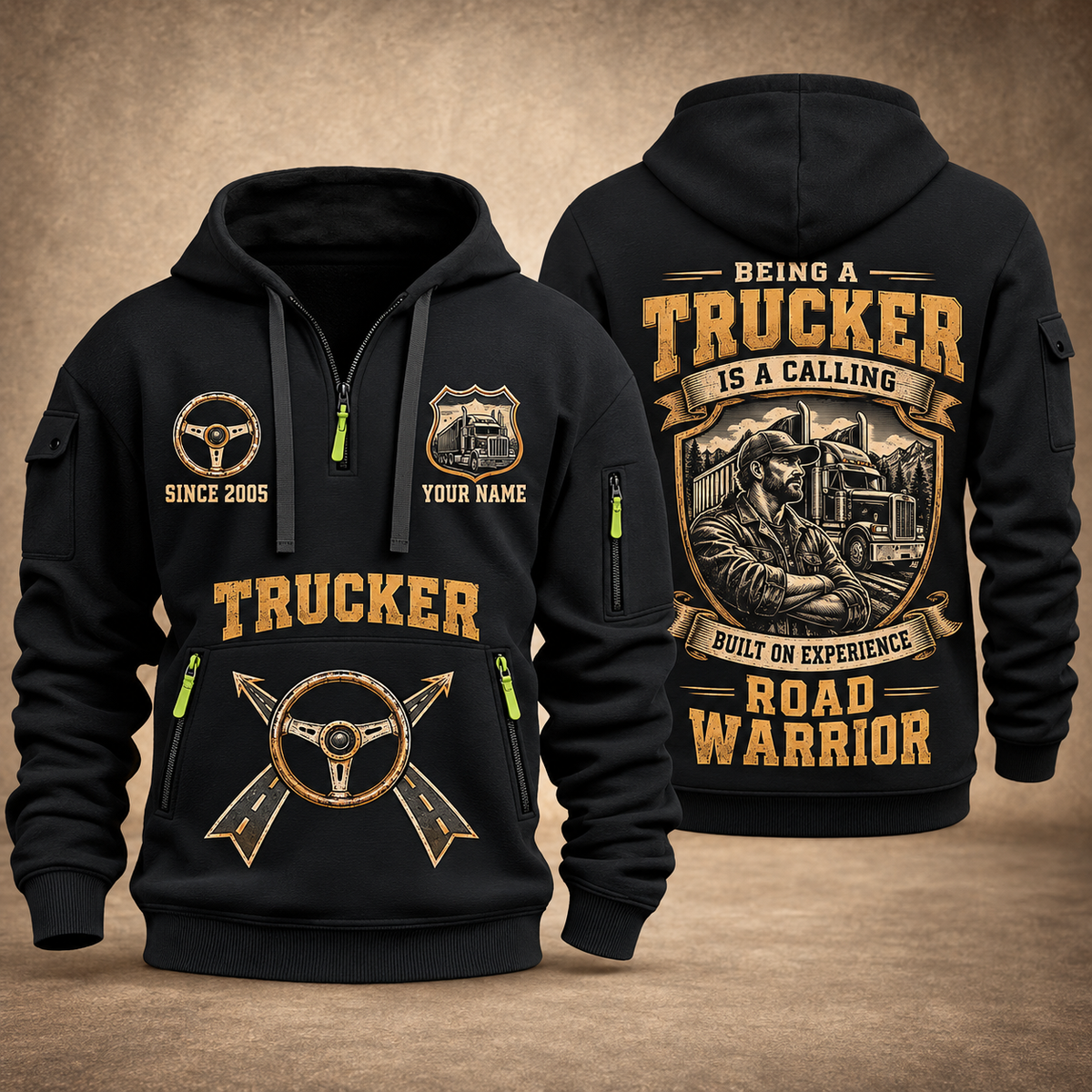 Trucker Calling of the Road quarter-zip hoodie in Black, front and back, YOUR NAME and SINCE 2005 artwork