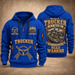 Trucker Calling of the Road quarter-zip hoodie in Blue, front and back, YOUR NAME and SINCE 2005 artwork