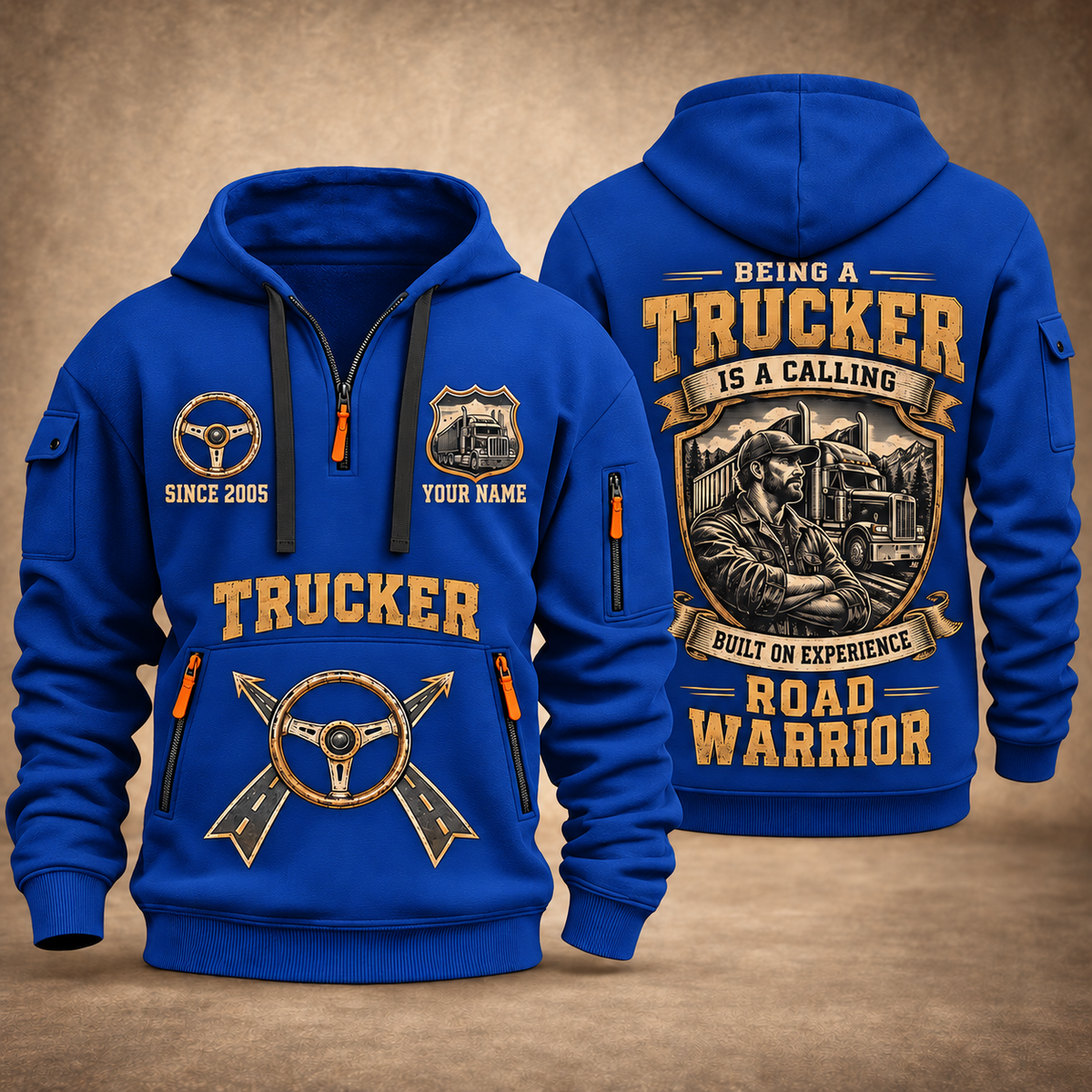 Trucker Calling of the Road quarter-zip hoodie in Blue, front and back, YOUR NAME and SINCE 2005 artwork