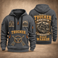 Trucker Calling of the Road quarter-zip hoodie in Gray, front and back, YOUR NAME and SINCE 2005 artwork