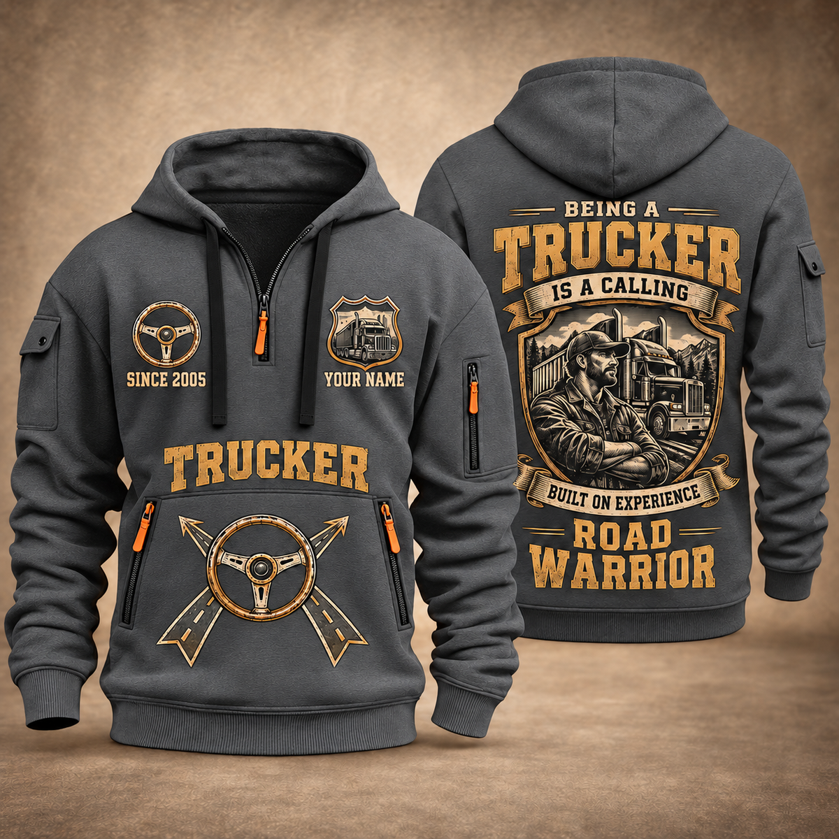 Trucker Calling of the Road quarter-zip hoodie in Gray, front and back, YOUR NAME and SINCE 2005 artwork