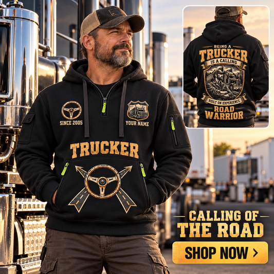 Trucker wearing Calling of the Road quarter-zip hoodie in their workplace; product introduction and shopping call to action